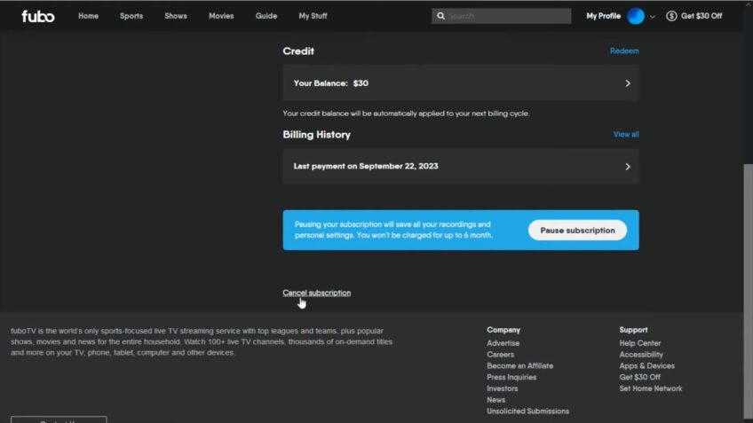 Cancel FuboTV Subscription Via the Website